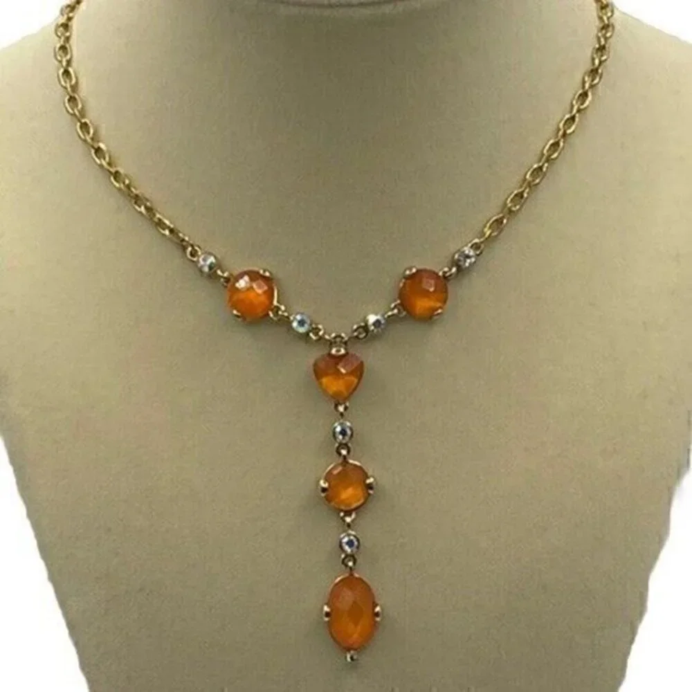Anne Klein Vintage Elegant Orange Heart White Stones Gold Tone Necklace …